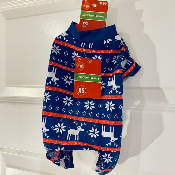 Pet Pajamas with Reindeer. XS. Red/White/Blue - Picture 3 of 3